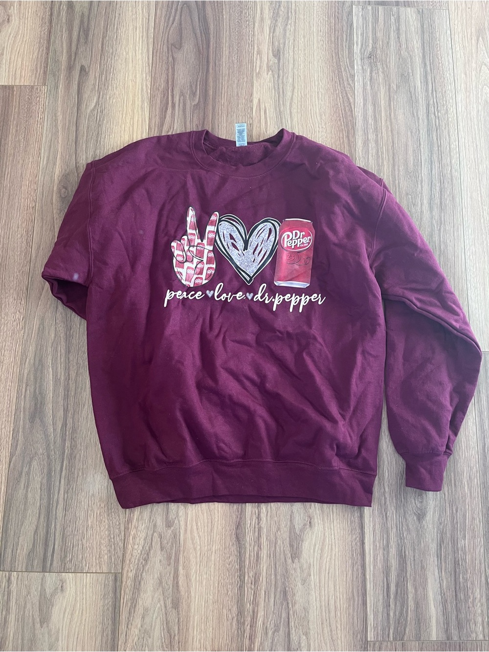 Gildan Maroon Crewneck Sweatshirt with Peace Love Dr Pepper Graphic